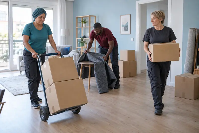 Tres profesionales preparan una mudanza: transportan cajas y protegen los muebles.